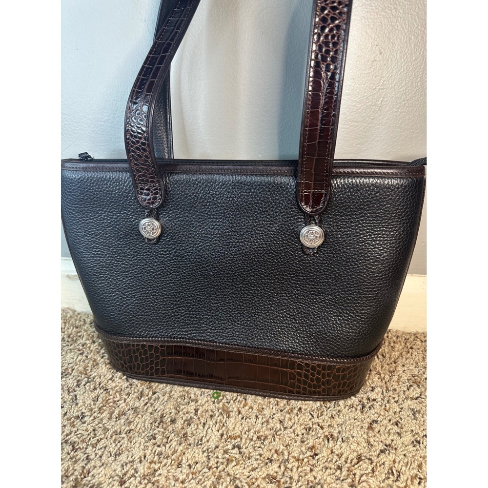 Brighton Black Pebbled Leather Croc Trim Tote Bag Floral Lining A510698‎